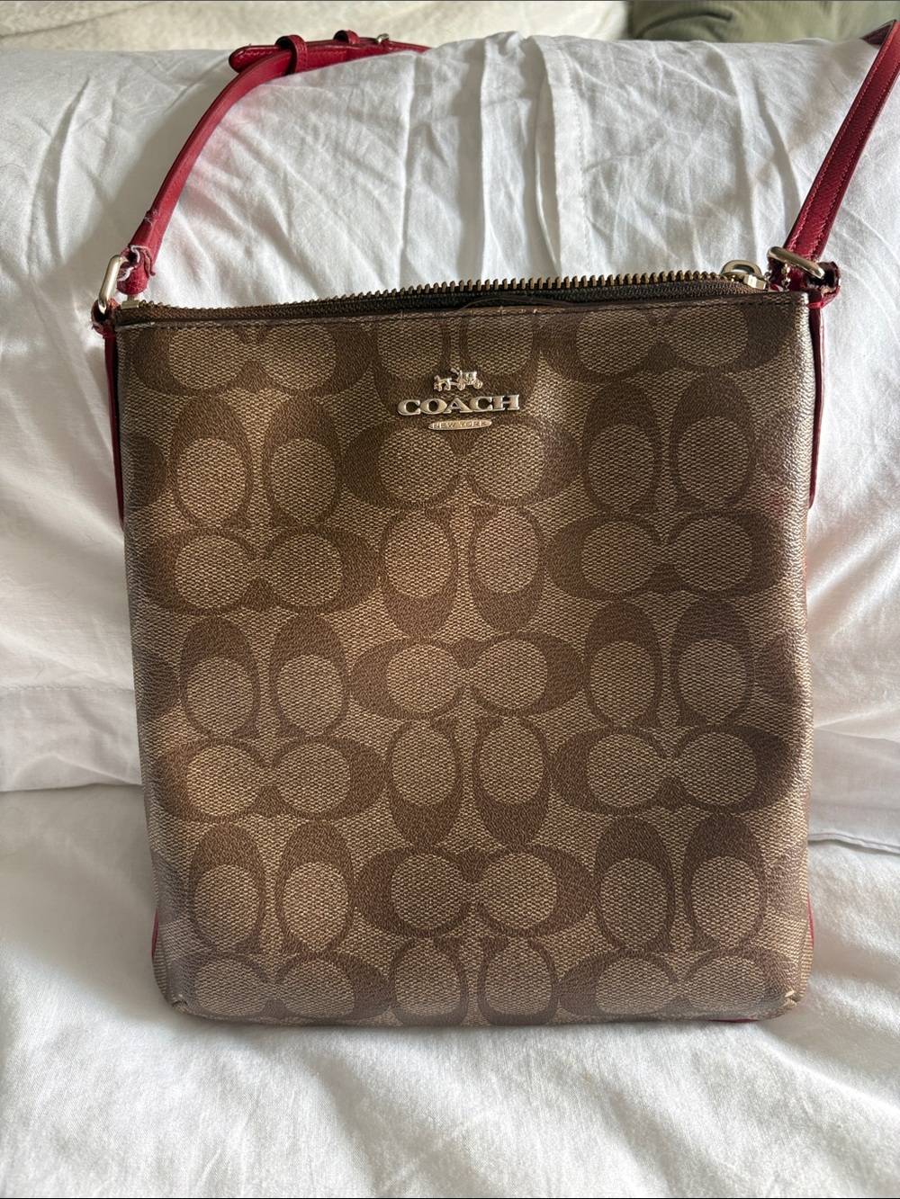 COACH Brown Signature Crossbody with Red Strap